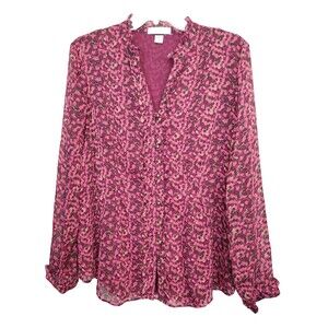 Coldwater Creek Chiffon Abstract Print Ruffle Accent Lined Button-Up Shirt Sz L